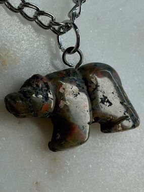 Unakite Bear Hand-Carved Pendant Neckkace